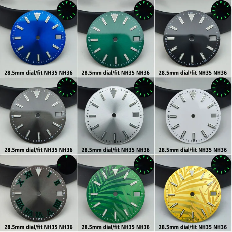 Ersatz 28,5 mm Zifferblatt, einzelner Kalender, grünes Leuchtzifferblatt für NH 35/36 Quarzwerk, Uhren, Modifikationsteile Image