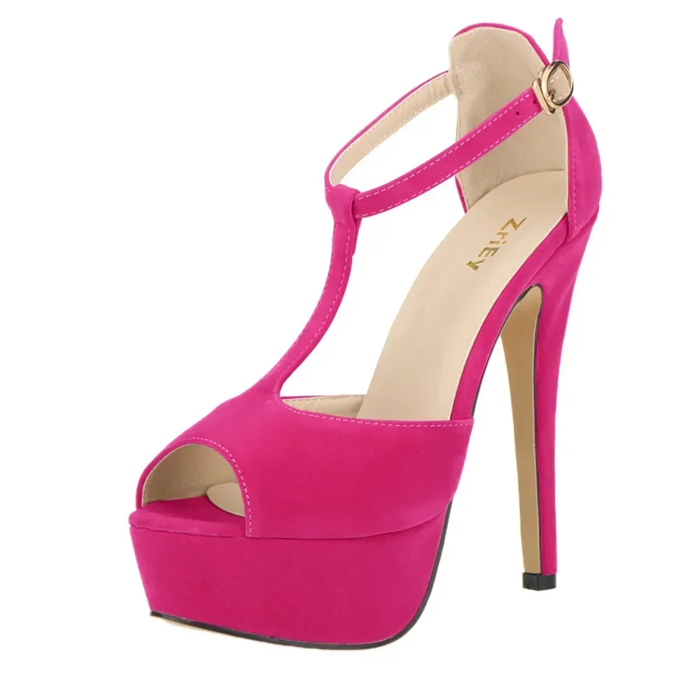 2026 Neue Damen Plateau Wildleder High Heels Sandalen 14CM Sexy Peeptoe Knöchelriemen Stilettos Pumps T-Riemen Party Hochzeitsschuhe Image