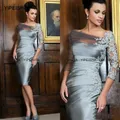 Yipeisha New Silver Grey Short Mutter der Braut Kleid 2024 Spitze 3/4 Ärmel Satin Plissee blau