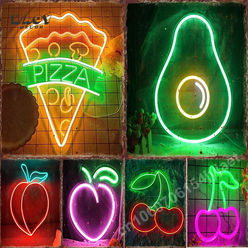 Neon Obst Metall Zinn Zeichen Supermarkt Obst Bereich Poster Restaurant Hintergrund nach Hause Eisenplatte Wandbild Bar Club Wand dekor Plakette Image