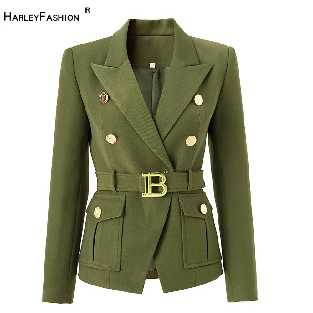 Frühling Herbst Formelle Arbeit Dame Armee Grün Taschen Jacken mit Metall Gürtel Super Form Aussehen Elegante Frauen Blazer