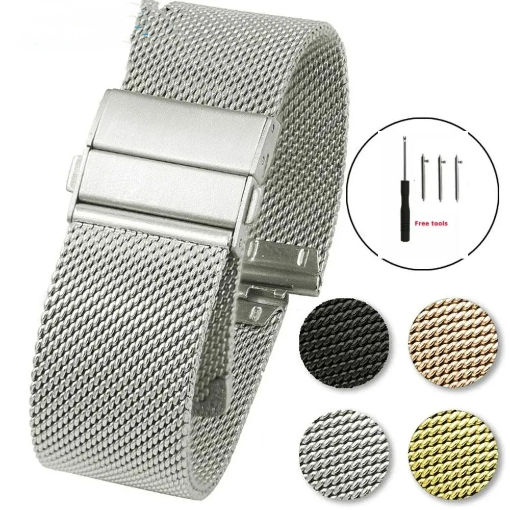 16mm 18mm 20mm 22mm Schnellverschluss Edelstahl Mesh Milanese Armband Uhrenarmbänder Doppeldruck Schmetterlingsschließe Zubehör Image