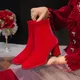 Große rote Stiefel Frau Schuhe Hochzeit Braut elegante Stiefel und Stiefeletten für Frauen klobige