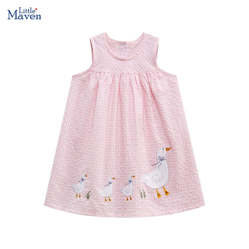 Kleine Maven 2024 Sommerkleid Mädchen Kinder Kleidung Cartoon Stickerei Enten Gitter Kleider Kinder kleidung Vestidos Baumwolle Image