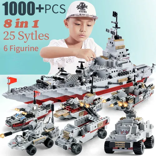 1000 pcs Marine Kriegs wagen Schiff Armee Boot Flugzeug Modell Kriegsschiffe Bausteine Stadt Kinder