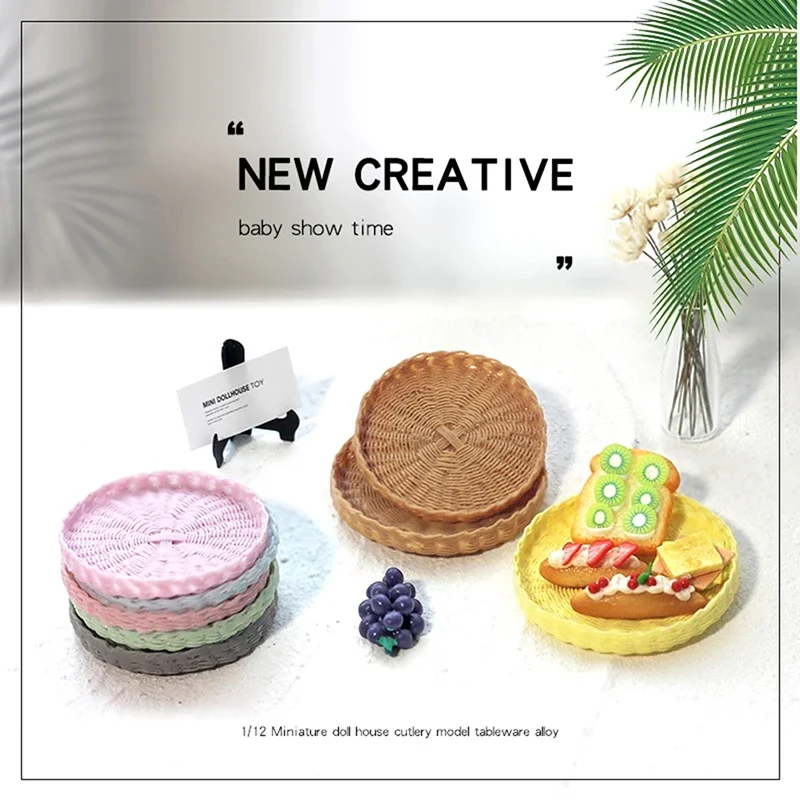 Antike Puppenhaus Miniatur runde Tablett Tee tasse Tablett Brot Obstkorb Modell Küchen zubehör für Puppenhaus Dekor Kinderspiel zeug Image