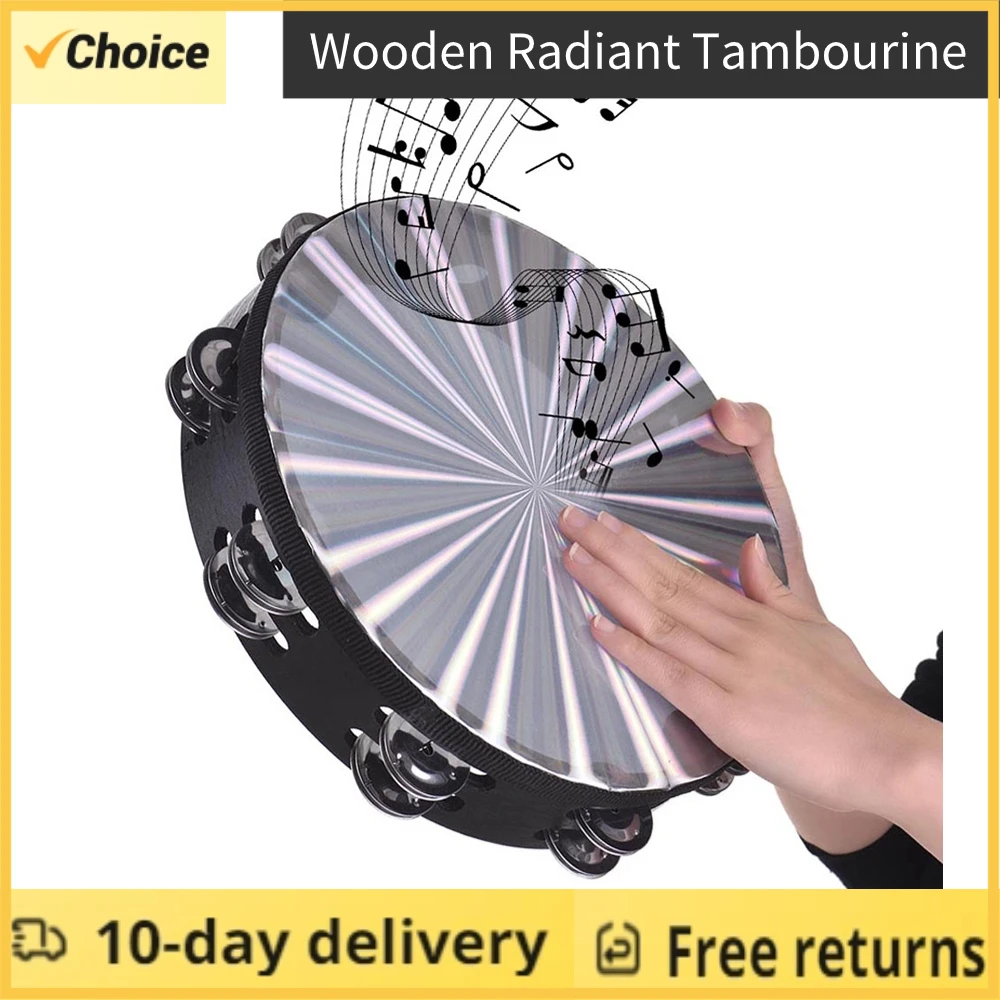 8/10 in Holz strahlende Tamburin Handbell Handtrommel mit zweireihigen Jingles reflektieren den Trommel kopf musikalisches Schlag instrument Image