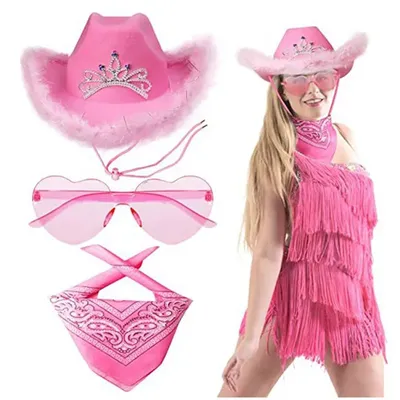 Halloween Damen Western Pink Cowgirl Flauschiger Cowboy Glitzerhut Karneval Kostümzubehör für Party Wear Hut Image