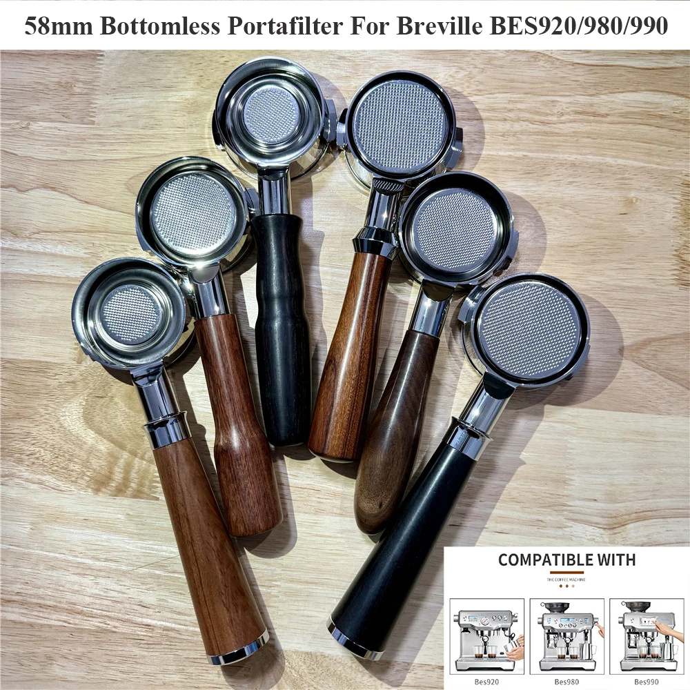 58mm bodenloser Sieb träger für Brevi lle Bes900/920/980 Massivholz griff mit 8g/18g/22g Tassen korb nacktem Kaffee griff Image