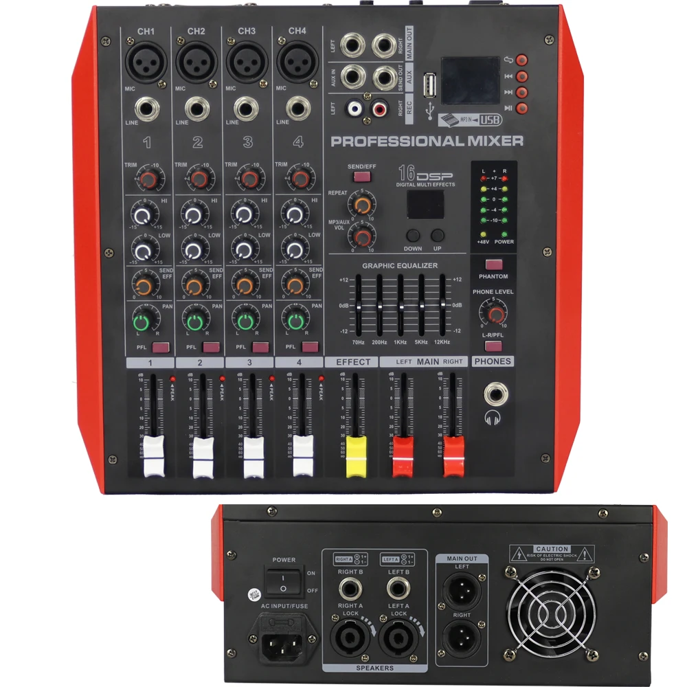 Super L4 4-Kanal-DJ-Mixer, 800 W, Leistungsverstärker, Bluetooth-Stereo-Sound-Mischpult, integriertes 2 x 200 Watt Leistungsverstärker, 48 V Phantom Image