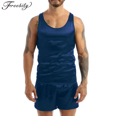 Mode männer Pyjamas Set Sommer Satin Männlichen Ärmellose Tank Top Shorts Nachtwäsche Loungewear Image