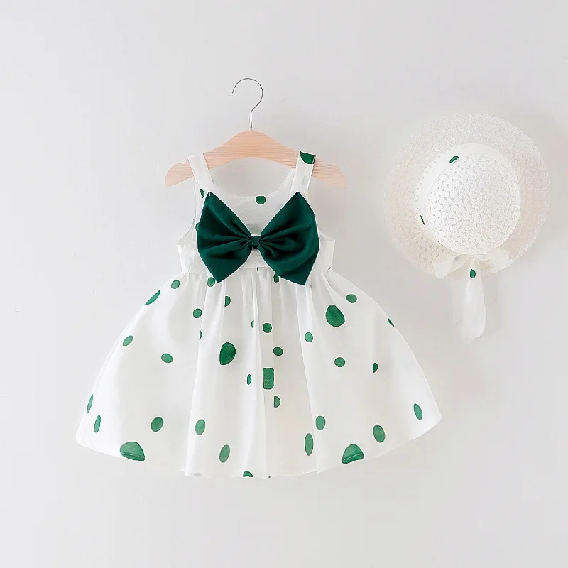 Sommer 2/teiliges Set Baby Mädchen Kleid Hut Mädchen ärmellos große Schleife Punkt gedruckt Prinzessin Kleid Kinderkleid Image