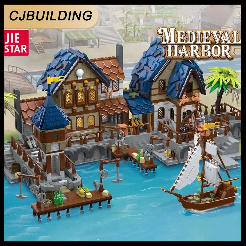 Mittelalter liche Burg moc 2979 mittelalter liche Hafen Hafenstadt Modell Stück Bausteine Ziegel Spielzeug für Kinder Jungen Geburtstags geschenk Image