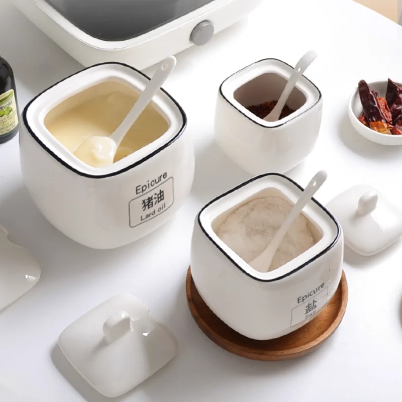 Haushalt Küche Liefert Salz Shaker/Kreative Öler Welle Muster Würze Jar Weiß Keramik Holz Abdeckung Einfache Lagerung Werkzeug