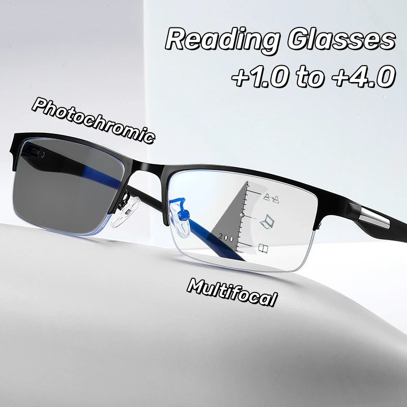 Progressive Multifokale Photochrome Lesebrille Anti-blau Licht Weit Anblick Gläser Männer Halb Rahmen Business Presbyopie Brille Image