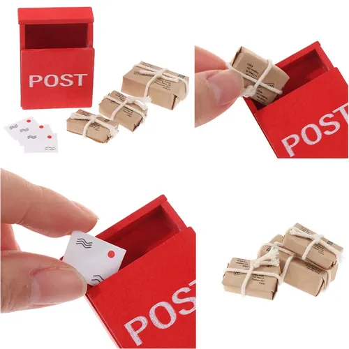1 Satz antike Puppenhaus Miniatur Briefkasten roten Briefkasten mit Mail Sack Postkarte Fee Garten