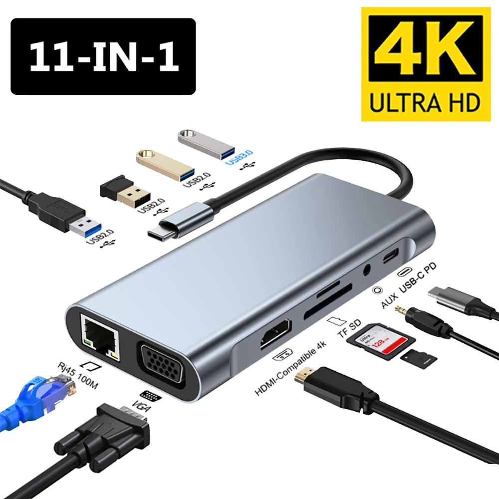 USB C HUB 4K 30Hz Typ C zu HDMI-kompatibel USB 3.0 Adapter 11 in 1 Typ C HUB Dock PD 87W USB C Splitter für MacBook Pro Air Image