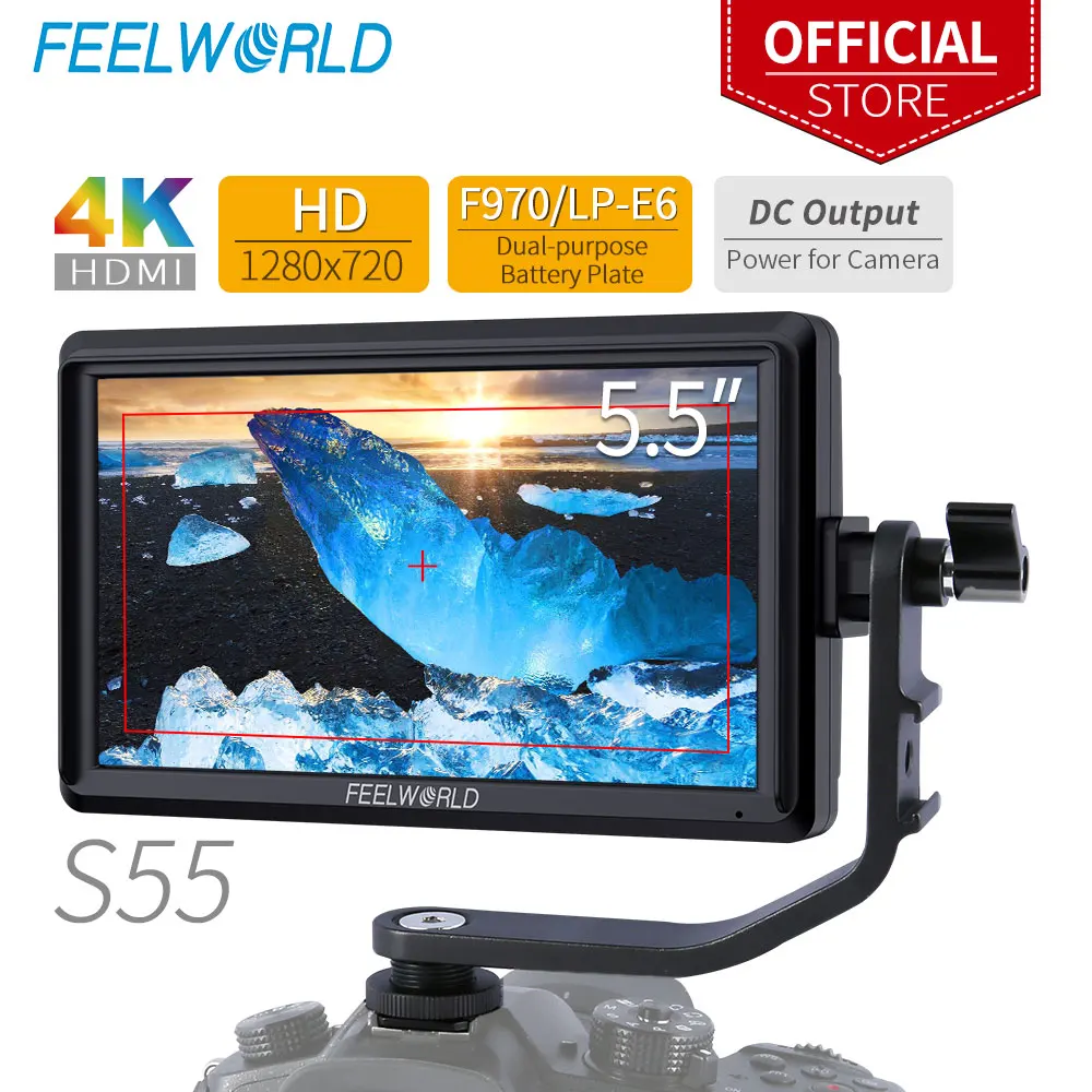 FEELWORLD S55 5,5 Zoll IPS auf Kamera Feld Monitor DSLR Focus Assist 1280x720 Unterstützung 4K HDMI Eingang DC Ausgang Umfassen Tilt Arm Image