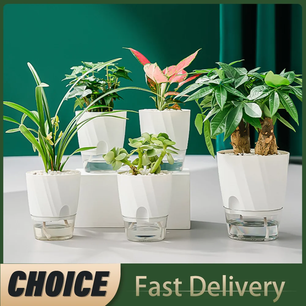 Lazy Hydroponic Blumentopf, automatischer wasserabsorbierender Blumentopf, transparenter, doppelschichtiger, selbstbewässernder Kunststoff-Pflanzgefäß für Büro Image