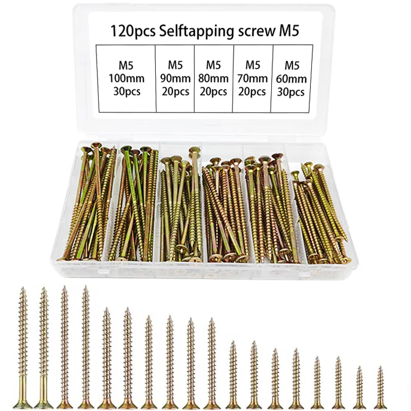 120 Stück M5-Meter-förmiges, selbstschneidendes Schrauben-Kombinationsset mit flachem Kopf, selbstschneidende Holzschrauben, selbstschneidende Metallschrauben Image