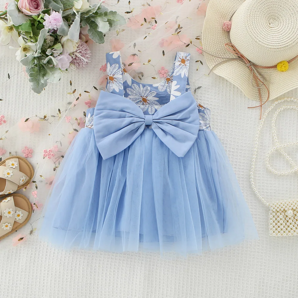 Sommer neues Mädchen Kleid mit Netz kleid, süßes Prinzessin Kleid, Blumen druck Bogen Geburtstags feier Kleid (0-3 Jahre altes Mädchen) Image