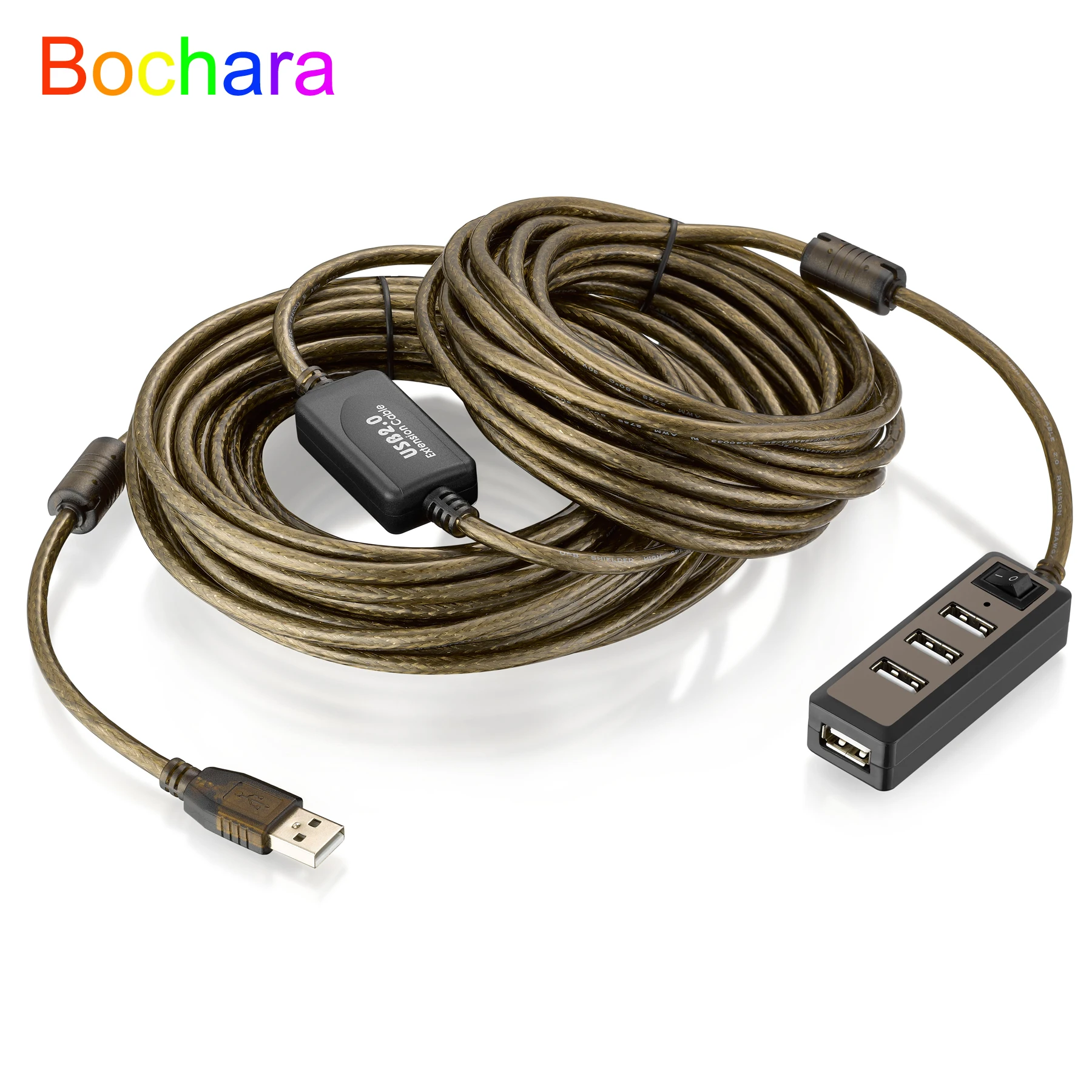 Bochara 4Ports USB 2.0 HUB-Verlängerungskabel, Stecker auf Buchse, aktiver Repeater, integrierter IC-Chipsatz, doppelt geschirmt, 5 m, 10 m, 15 m Image