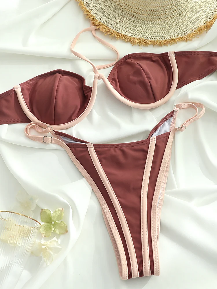 Umrandete Bikini-Sets für Damen, schulterfreie Badebekleidung, sexy Bikinis, Patchwork-Badeanzug, Badeanzug, Leopardenmuster, Strandmode Image
