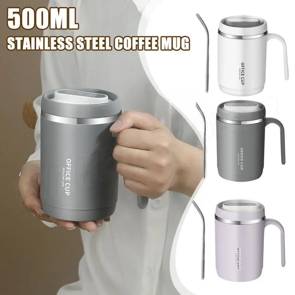 500 ml Thermos-Kaffeetasse mit Strohhalm, Edelstahl-Kaffeetasse, Becher mit Deckel, Thermoflasche für Kaffeetassen, Thermotasse, Tragetasse Image