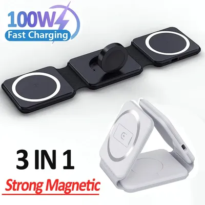 100w 3 in 1 magnetischer kabelloser Ladegerät ständer faltbar für iPhone 15 14 13 12 Apple Watch Image