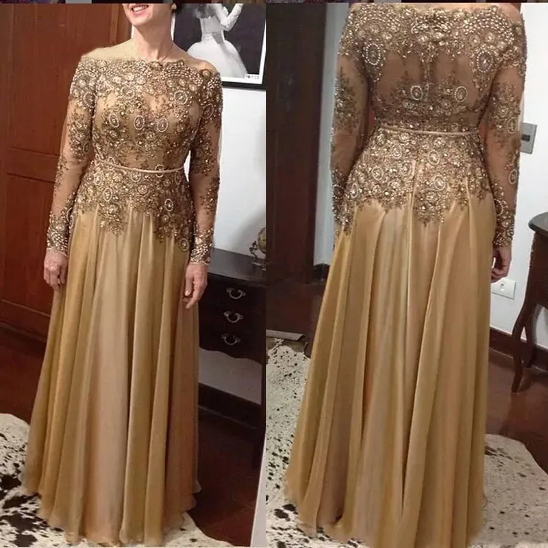 Gold Langarm Mutter der Braut Kleider für Hochzeiten Elegante Spitzenkleider Bräutigam Mutter Patin Abendessen Kleider 2021