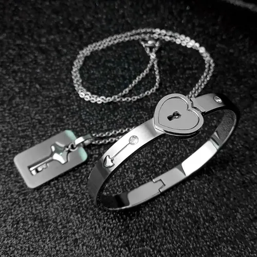 Titan Puzzle Paar Herz Lock-Taste Paar Armband Halskette Liebhaber Schmuck Set Heart Lock Armband