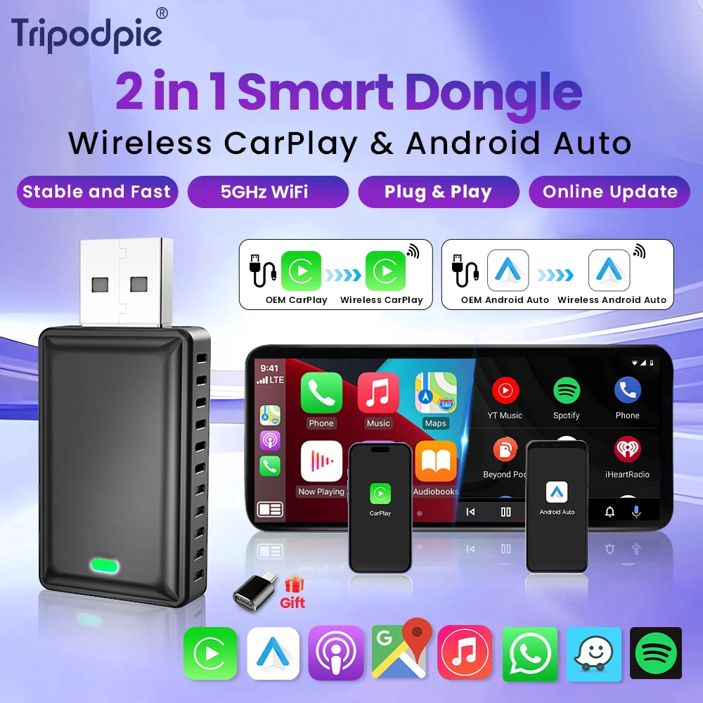 Tripodpie 2in1 Wireless Carplay Adapter Android Auto Smart USB Dongle Plug and Play Für Havel Kia Volvo Audi MG VW Hyundai Jeep Image
