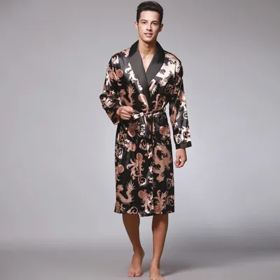 Männer Sommer Herbst Kimono Bademantel Seide Satin Golden Dragon Lange Bademantel Morgenmantel Image