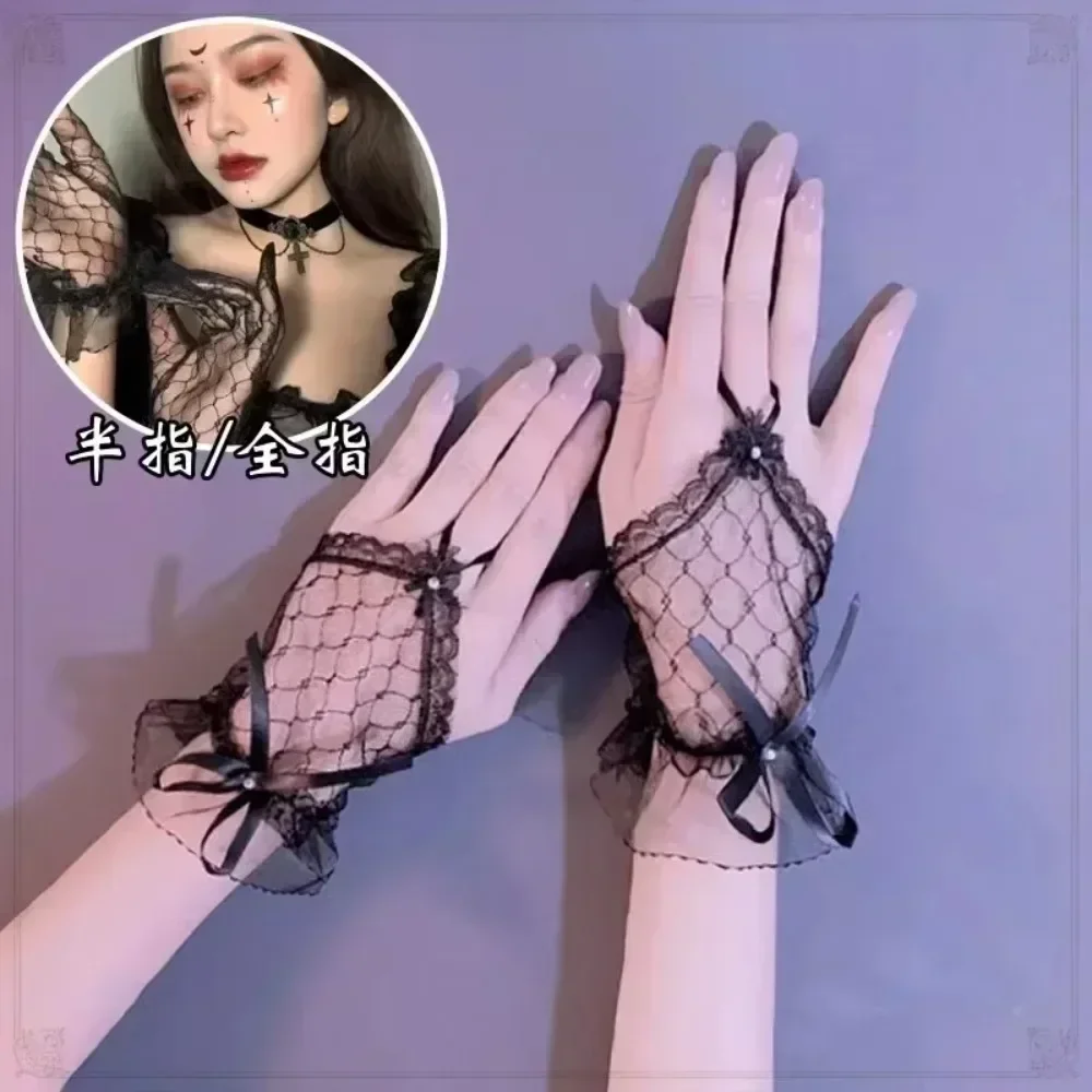 Gothic Kurze Schwarze Handschuhe Weibliche Harajuku Spitze Braut Hochzeit Halloween Lolita Kleid Net Gaze Bogen Hand Hülse Fishnet Handschuhe Image