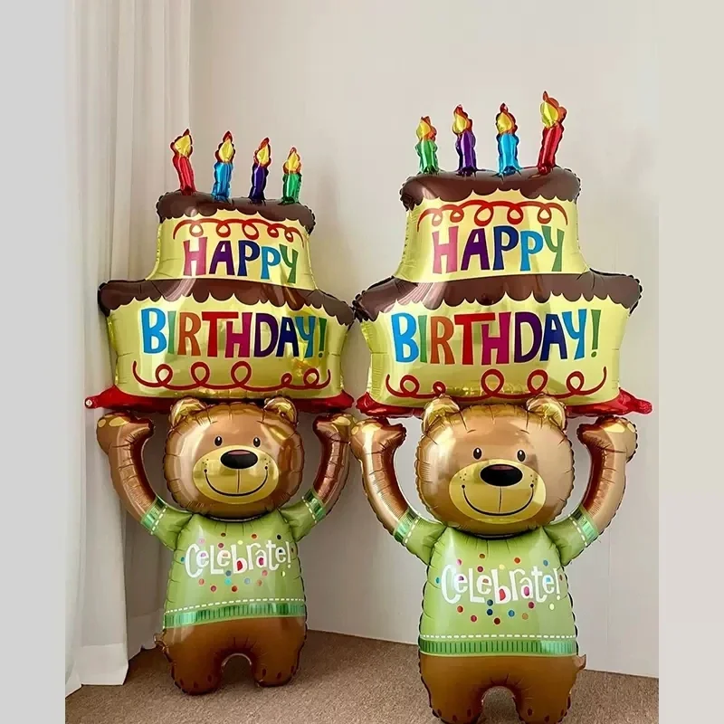 3-lagige große Kuchenballons, alles Gute zum Geburtstag, Cartoon-Bär, Kuchenfolienballons für Kindergeburtstag, Party, Dekoration, Requisiten, Ballonspielzeug Image