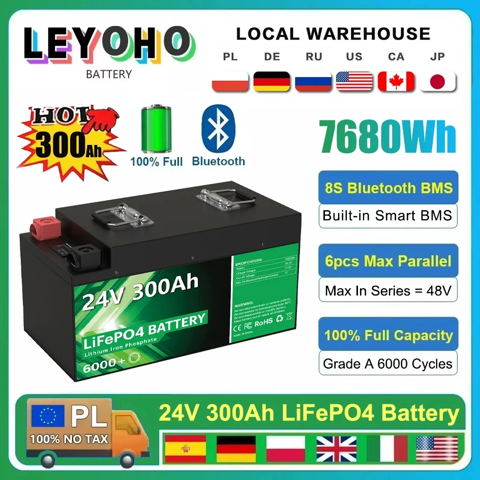 LiFePO4 24V 300Ah 7,68Kwh Akku 6000+ Zyklen 8S Bluetooth BMS 25,6V 100Ah 200Ah 340Ah Home Solar Lithium Akku EU LAGER Image
