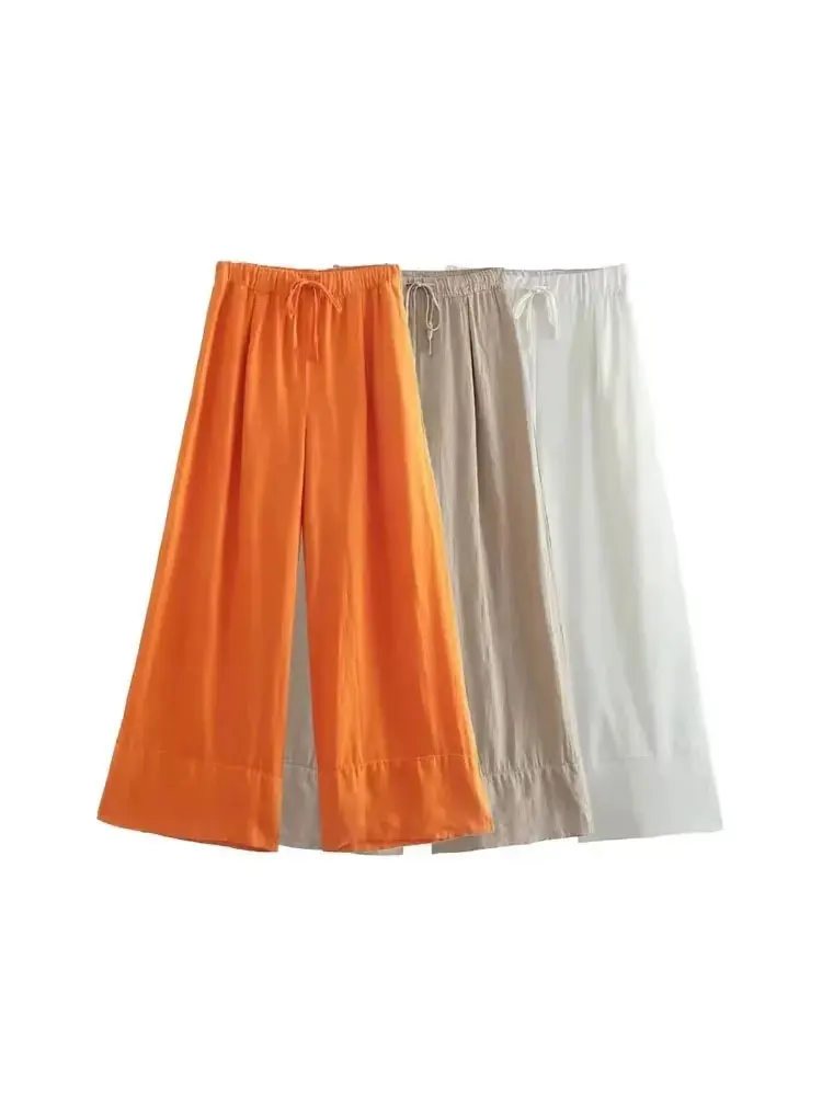 Frauen Mode Seite Taschen Leinen Breite Bein Hosen Vintage Hohe Elastische Taille Mit Kordelzug Weibliche Hose Mujer Image
