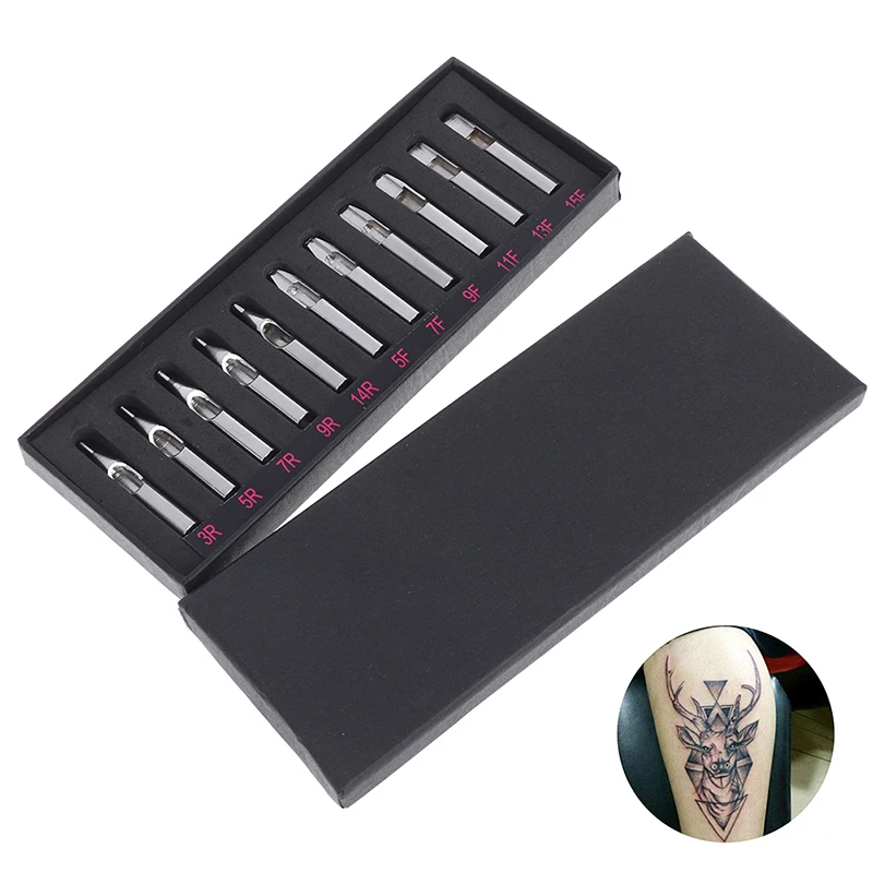 11-teiliges Tattoo-Spitzen-Set aus Edelstahl, gemischt, RT FT DT, rund, flach, Metall, verschiedene Arten, Tattoo-Spitzenrohr für Tattoo-Maschine Image