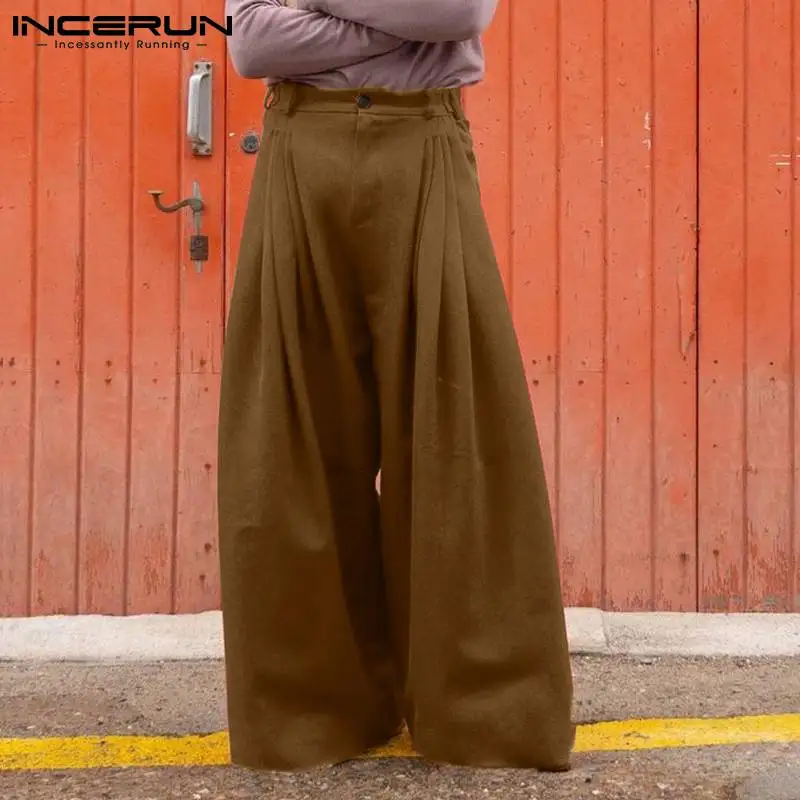 Incerun Männer weites Bein Hosen Jogger Knopf Streetwear 2024 lose einfarbige Hose hohe Taille Mode lässig Pantalon S-5XL
