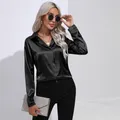 Frühling Herbst Satin Shirt Frauen V-Ausschnitt Langarm Büro Shirt Blusen Damen schwarz weiß Seide