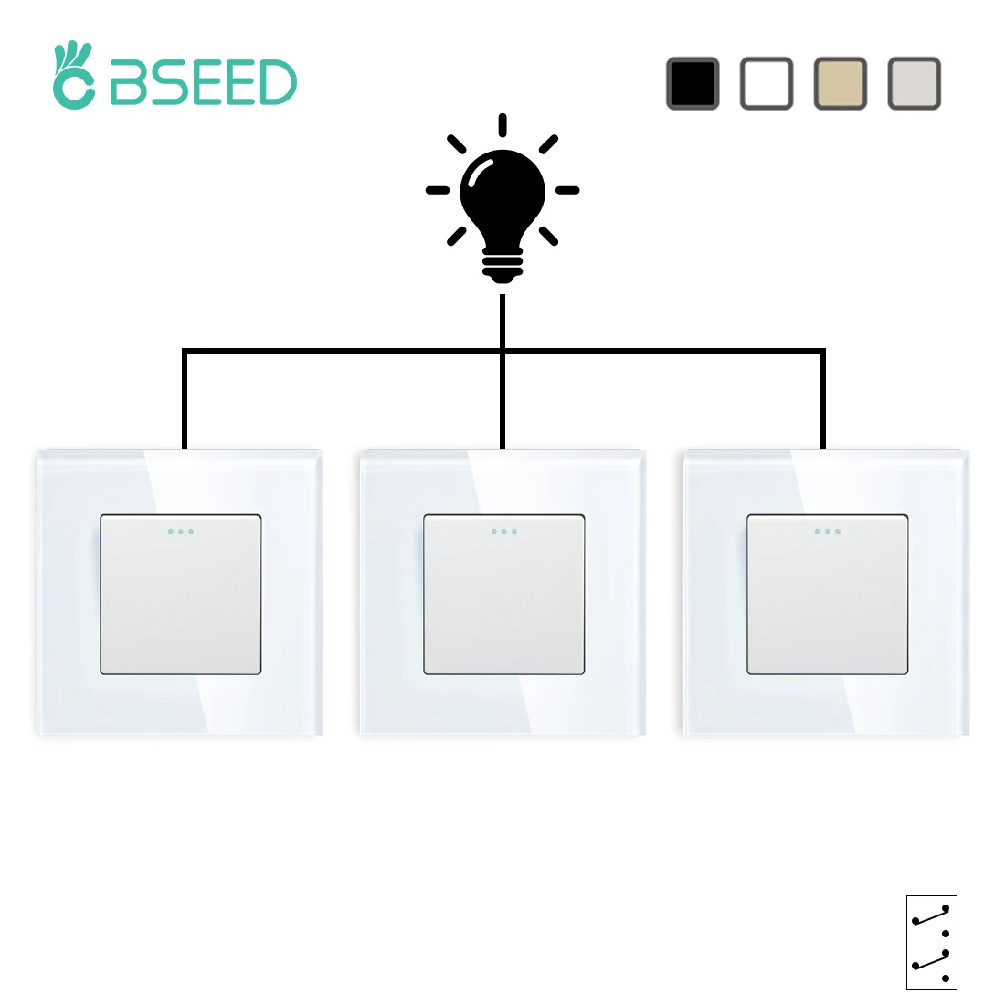 BSEED EU-Standard, 3 Packungen, Wandknopfschalter, 1 Gang, 2/3-Wege-Zwischenschalter, Glasscheibe, mechanische Schalter, Kreuzschalter Image