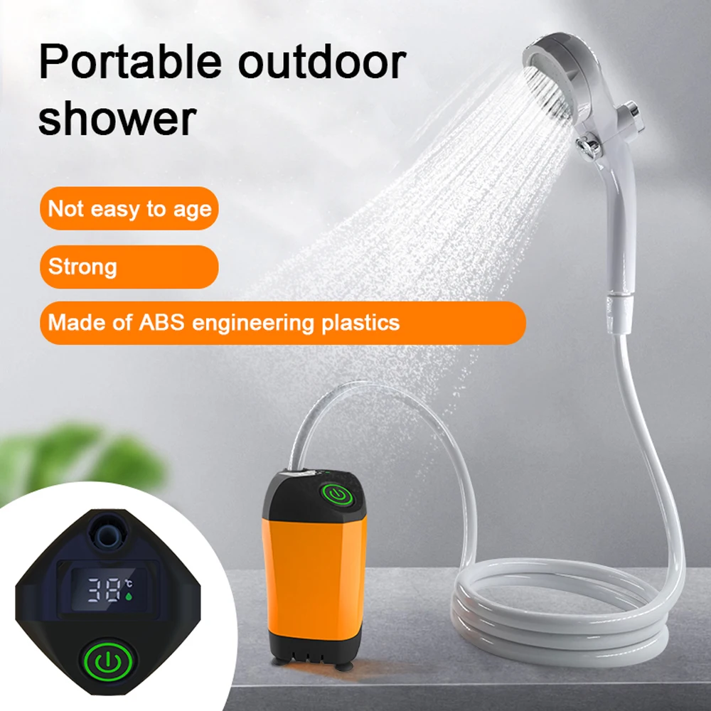Outdoor Camping Dusche ipx7 wasserdicht orange mit Digital anzeige tragbare elektrische Dusch pumpe zum Wandern Reise Haustier Bewässerung Image