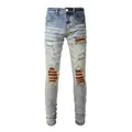 Die besten dünnen blauen Distressed Patches Patchwork Löcher Schnurrbart Slim Fit zerrissene Jeans