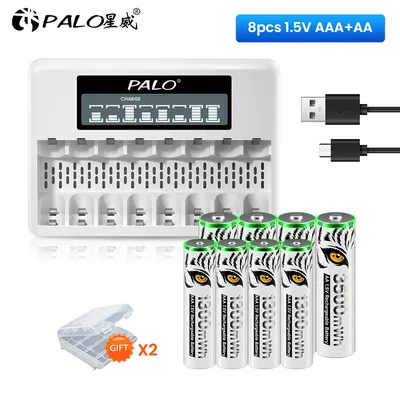 PALO 1,5 V AA AAA wiederaufladbare Li-Ion-Batterie AAA AA Lithium-Ionen-Batterien mit LCD-USB-USB-Ladegerät für 1,5 V AA AAA-Batterie