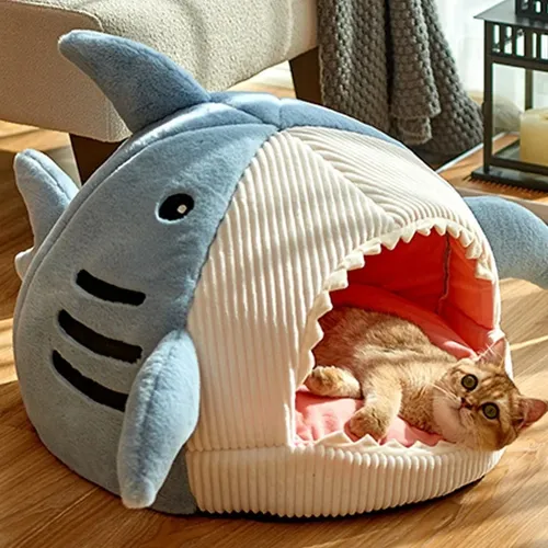 Katzen bett halb geschlossen warme Haustier betten großer Mund Hai Hund Zwinger Kätzchen Korb Kissen