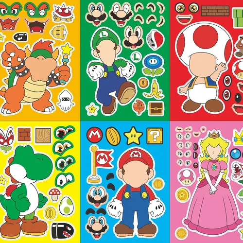 6/12 Blatt Super Mario Bros Puzzle Aufkleber Spiel Kawaii Figur machen ein Gesicht Aufkleber