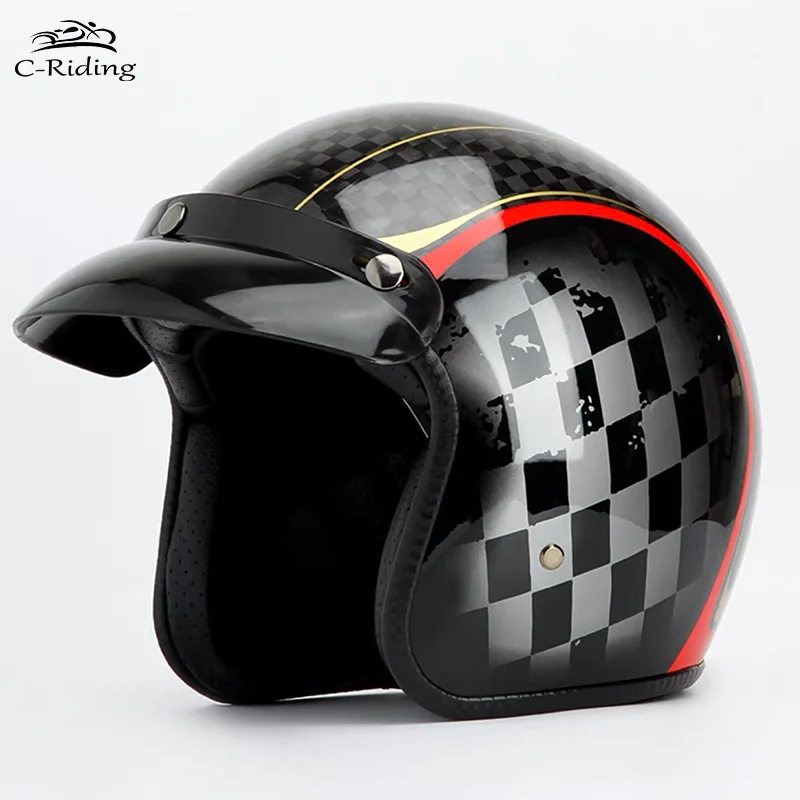 Rotgoldenes Gitter, schwarze Kohlefaser, halbes Gesicht, Motorradhelme, handgefertigt, superleichter Vintage-Helm, 3/4 Scooter-Helm Image
