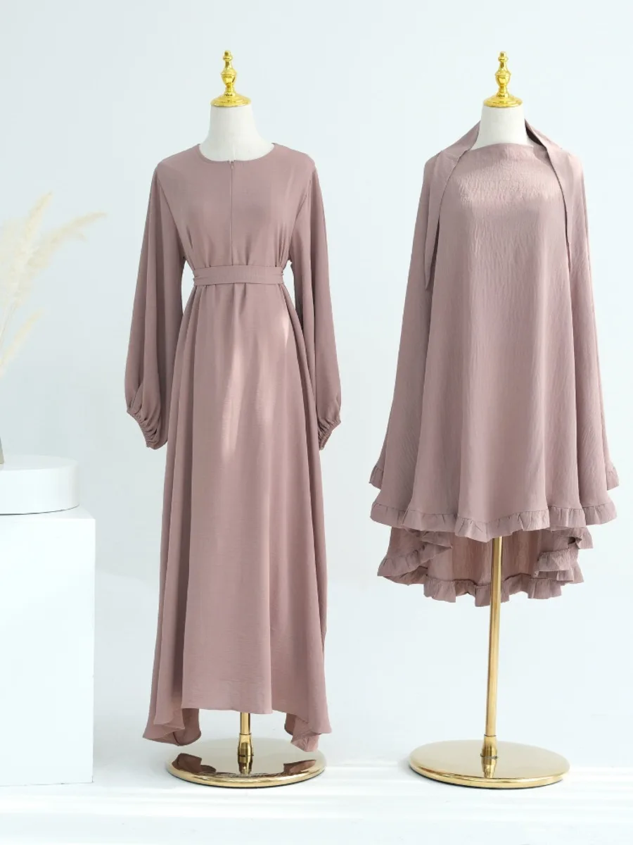 Eid Muslimisches Kleid mit Khimar-Set, 2-teilig, Damen-Party-Abaya, Marokko, Ramadan, Schnür-Kaftan, Islam, Dubai, arabische lange Robe, 2024 Frühling Image