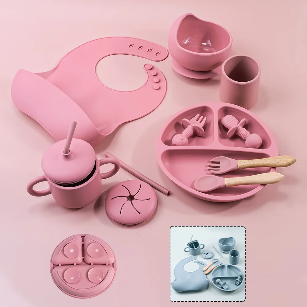 TYRY.HU 9 teile/satz baby silikon fütterung set holz löffel gabel besteck saugnapf platte saugnapf ausbildung wasserdichte lätzchen für geschenk Image