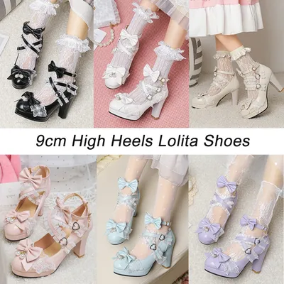 Süße Bowknot Spitze High Heels Kawaii Lolita Schuhe Plattform Mädchen Frauen Lolita Dienst mädchen Cosplay Halloween Party Pu Leder JK Schuhe Image
